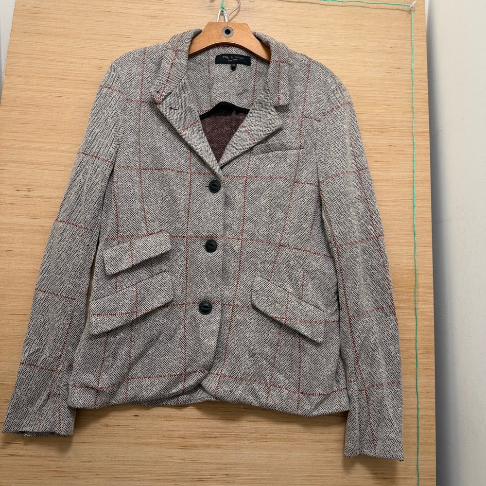 Rag & Bone New York Grey Herringbone Windowpane Blazer Jacket Size 10